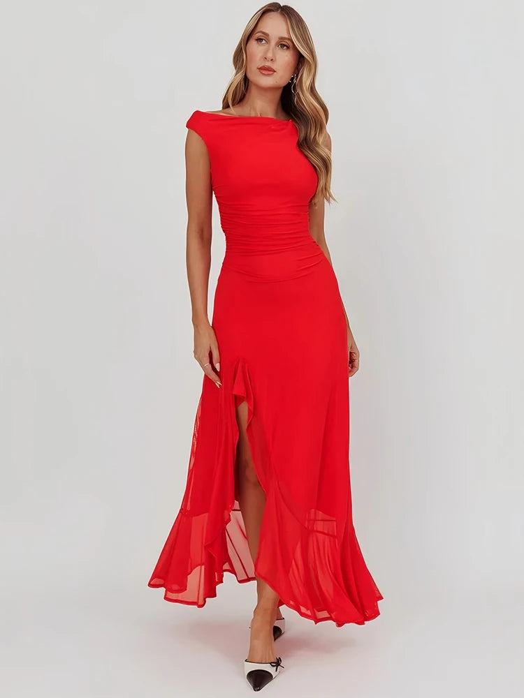 Sleeveless Ruffled Split Maxi Dress For Women Gown Mesh O Neck Oblique Shoulder Backless High Waist Slim Fit Club Dress Red
