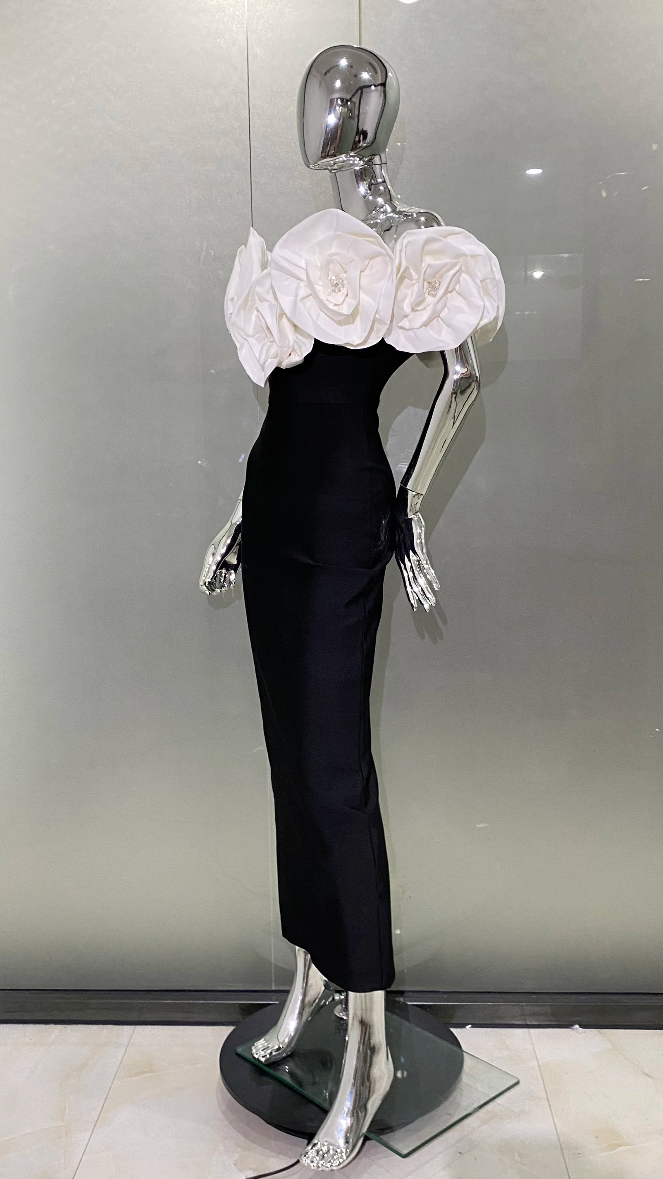 Fashion Big White Flowers Women Sexy Off the Shoulder Bodycon Long Bandage Dress Celebrate Evening Party Birthday Dress