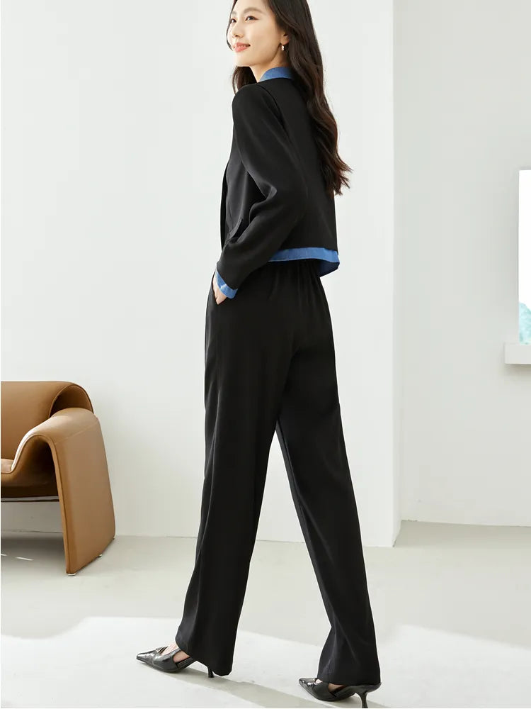 Workwear Women's Autumn Outfits Patchwork Short Jacket Wide Leg Pant Sets for Women Two Piece New in Matching Set