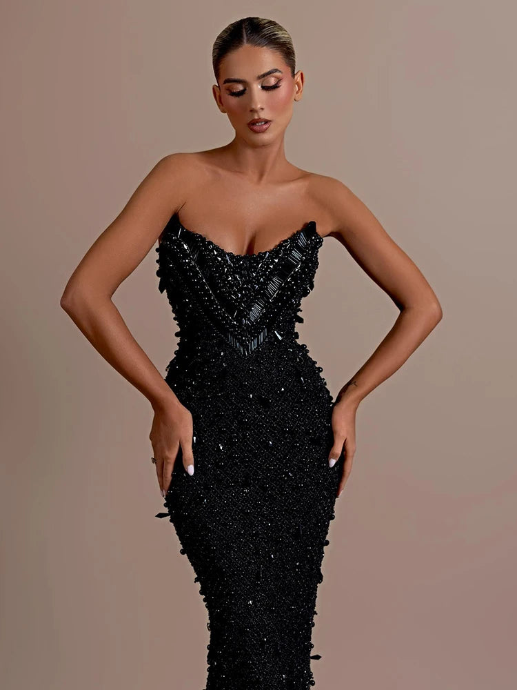 Stunning Strapless Sleeveless Black Crystal Sequin Dress Luxury Party Evening Gown