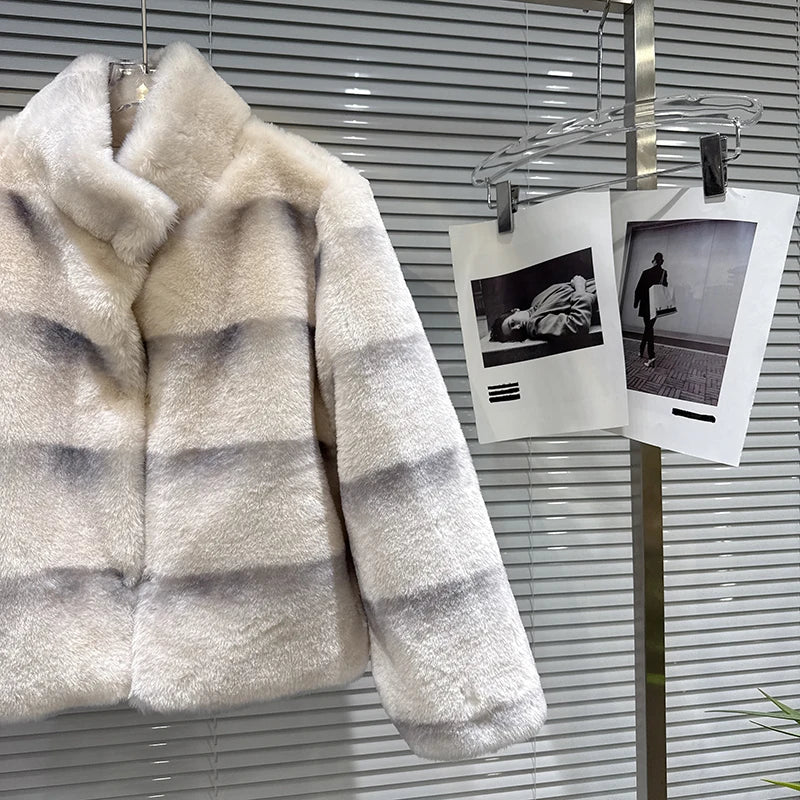 Winter New Elegant Fashion Gradient Striped Furry Warm Faux Fur Coat For Women Loose High Quality Jacket 11A07762