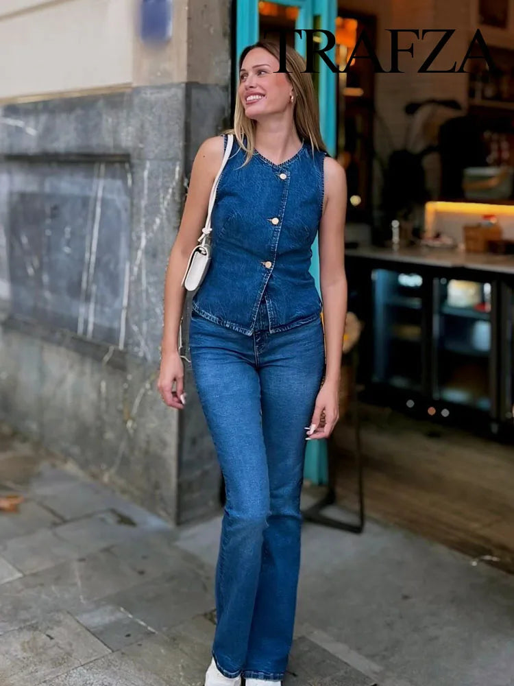 TRAFZA Summer Denim Trousers Set For Women Sleeveless Cropped Vest Top + Wild Basic Women's Wide Leg Long Pant Trendy