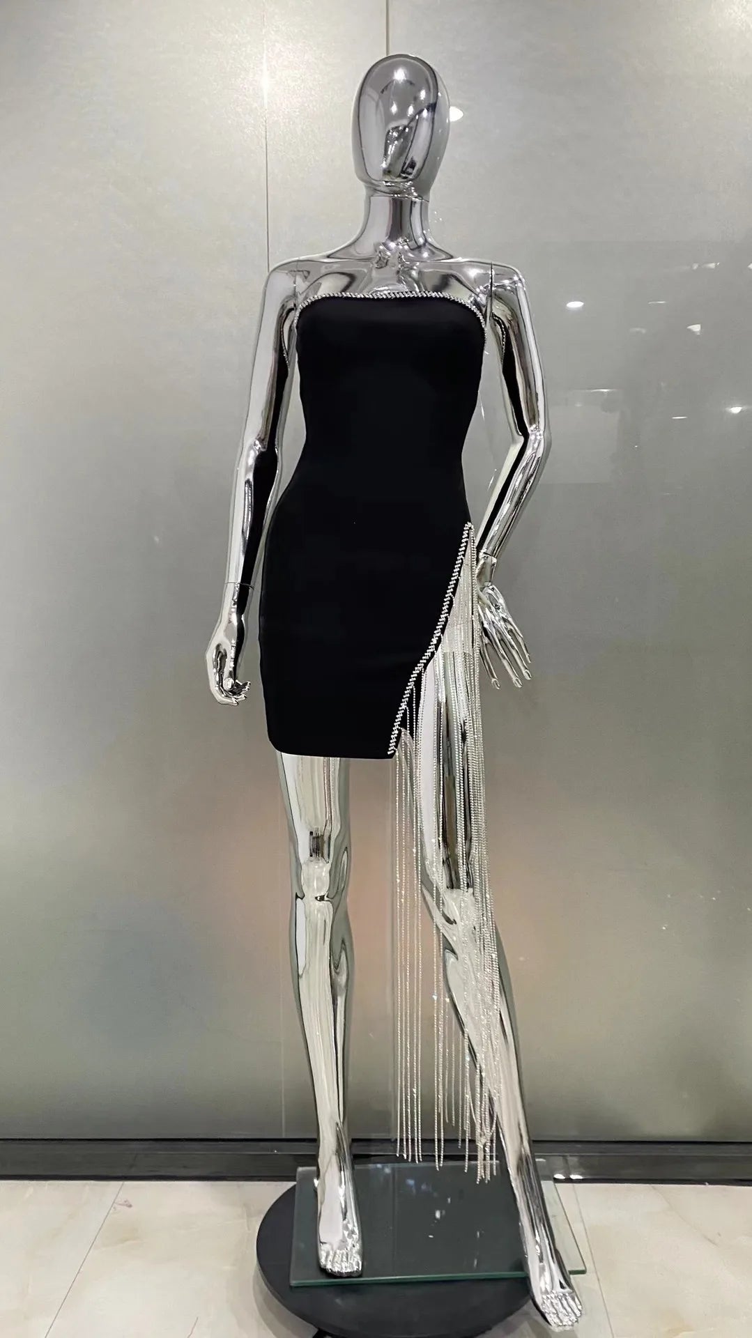 STOCK Shining Diamond Chain Sexy Slit Strapless Black Bandage Mini Dress Woman Birthday Party Dress Nightclub Party Outfit black