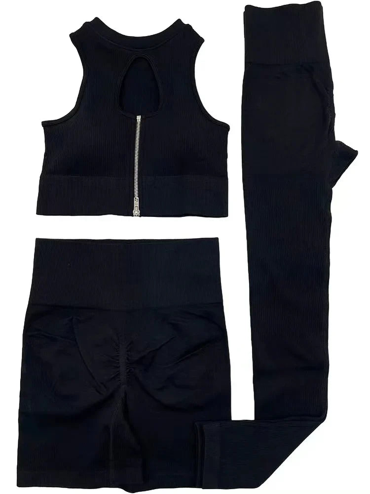 2PCS Seamless Frosted Yoga Sets Sports Fitness Beauty Back Bra High Waist Hip-lifting Leggings Suits Gym Shorts Sets for Women 3PCS Black