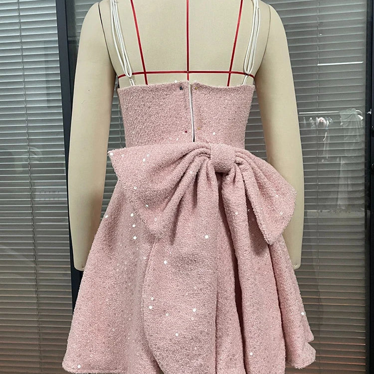 Sequins Bow Backless Sexy Mini Dress For Women Robe Fashion Square Collar Sleeveless High Waist A-line Club Dress Pink