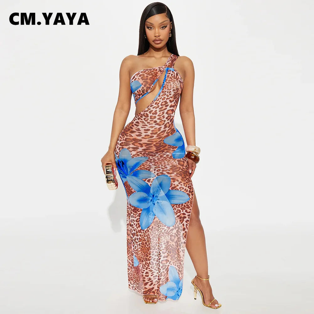 Women Floral Leopsrd Printed Sleeveless High Side Split Long Maxi Dress 2025 Skew Collar Sexy Birthday Party Dresses