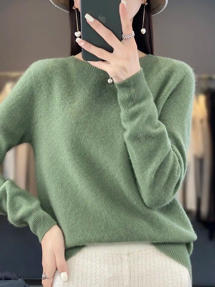 Women 100% Pure Merino Wool Knitted Sweater Autumn Winter Fashion O-Neck Top Cashmere Warm Pullover Seamless Jumper Clothes Turquoise