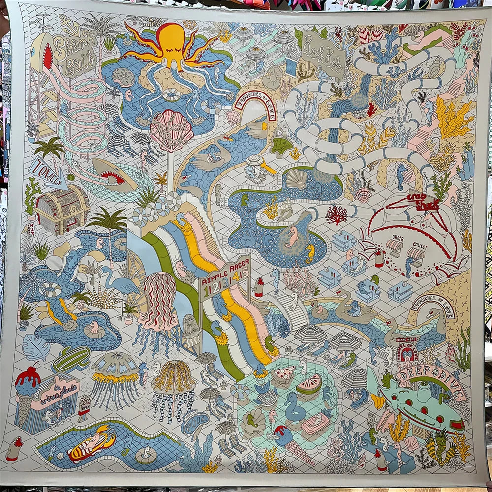 POBING Silk Cashmere Scarf Women Hand Rolled Shawls Aquarium Print Square Scarves Wraps Bandana Big Hijabs Female Foulard 135CM Blue 135CM x 135CM