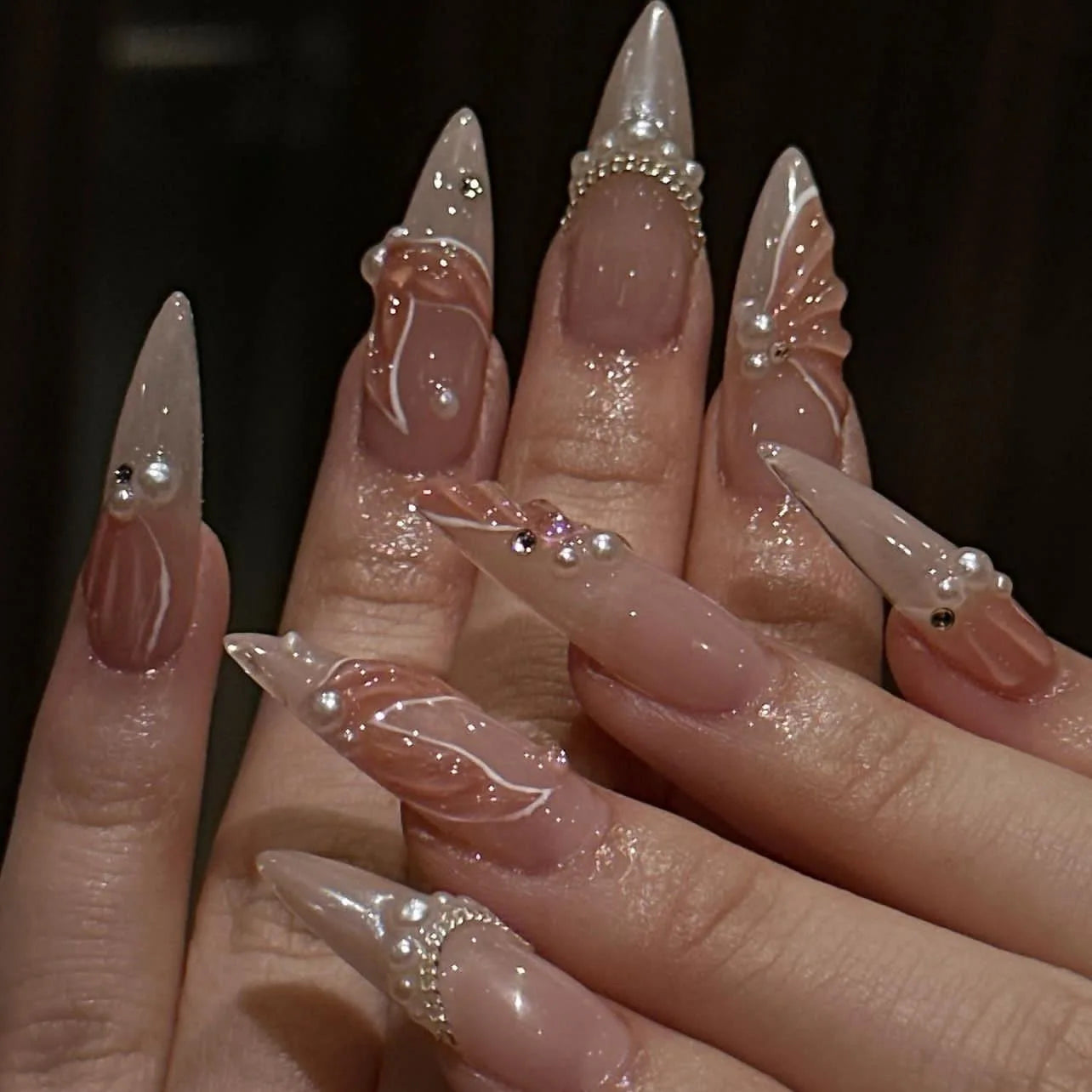 24Pcs Mid-length Almond Fake Nail Tips Pink French 3D Press on False Nails with Bow Design Wearable Oval Head Manicure Art 3433