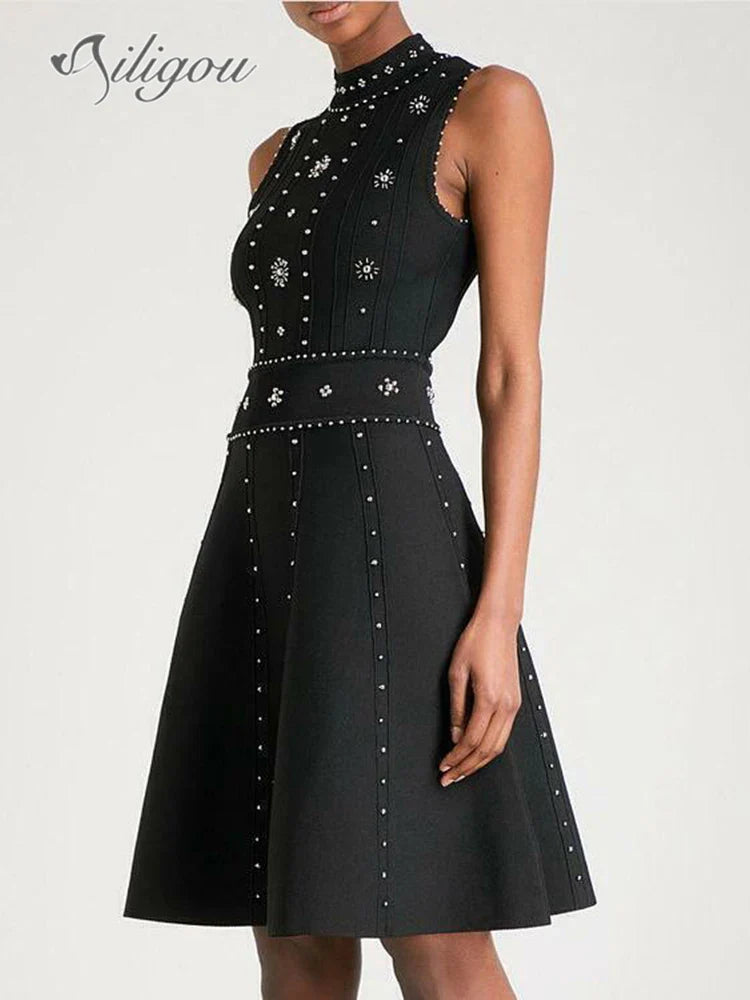 Ailigou New Summer Women's A-line Black Sleeveless Beaded Sexy Elastic Knitted Mini Dress Elegant Celebrity Party Dress