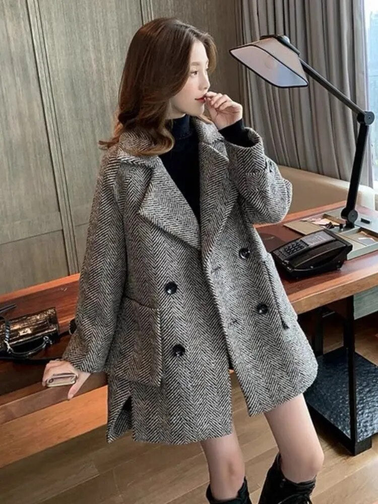 Woolen Cloth Women's Coat 2024 Autumn Winter Korean British Style Retro Thicken Mid Length Version Woman Clothing Gray