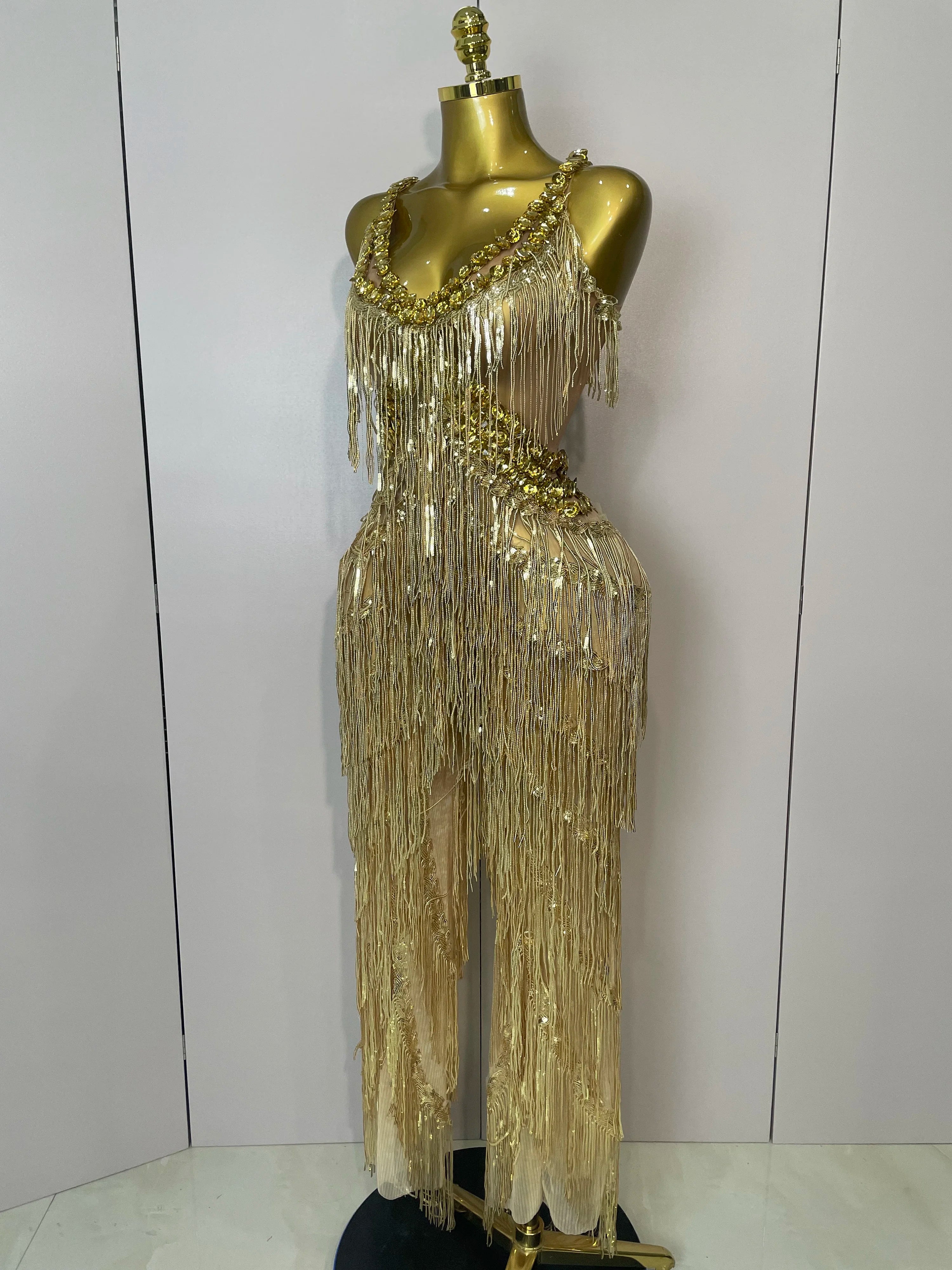 Shiny Gold Rhinestones Sequined Fringe Wide-leg jumpsuit 2025 Women Sexy Night Party Club Outfit Singer Stage Perform Costume