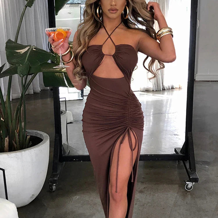 Summer Sexy Halter Backless Sleeveless Cut Out Maxi Dress for Women Ruched Elegant Club Party Slit Dresses Bandage Vestido 2023