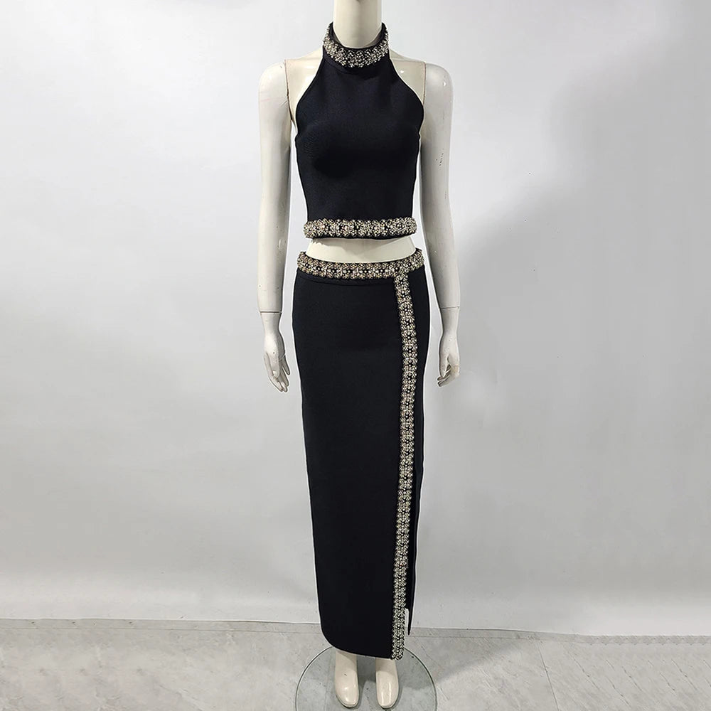 2025 Black Army Green Bandage Two Pieces Sets Sexy Diamond Bead Halter Top Long Skirt Women Bodycon Clothing Elegant Party Sets black