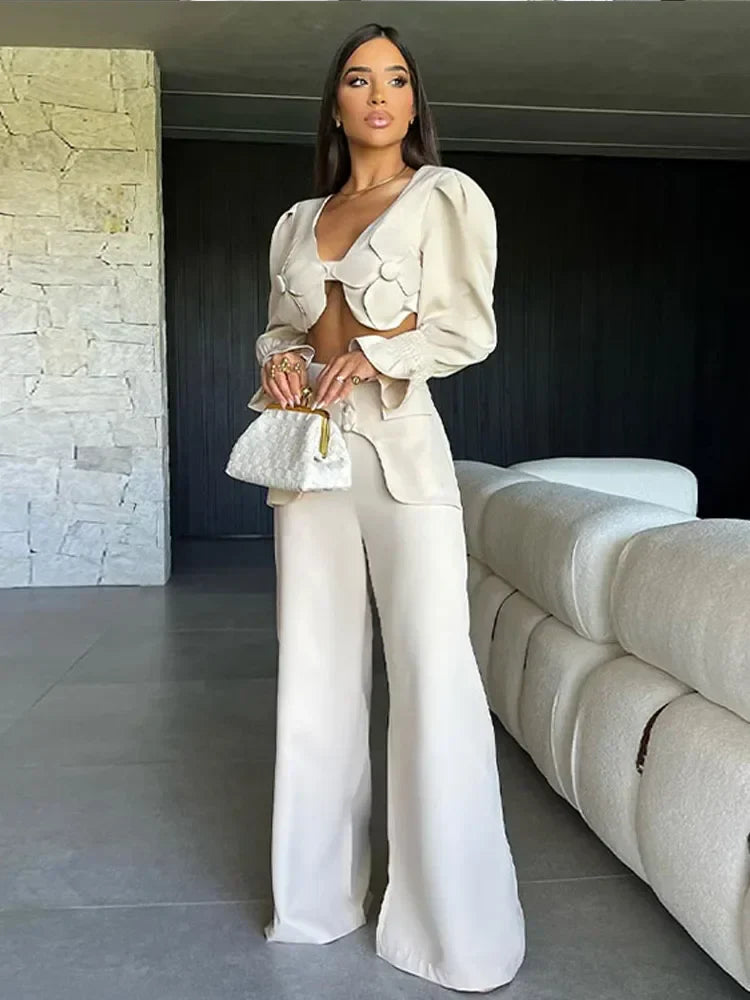Sexy Flare Sleeve Blouse & Trouser Set Women Chic V Neck Backless Crop Top High Waist Wide Leg Pants Suit Spring Outfits