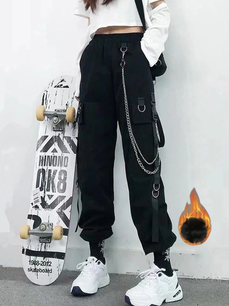 Pantalon Cargo sarouel pour femmes, mode Punk, poches, survêtement avec chaîne, Harajuku, élastique, taille haute, Streetwear