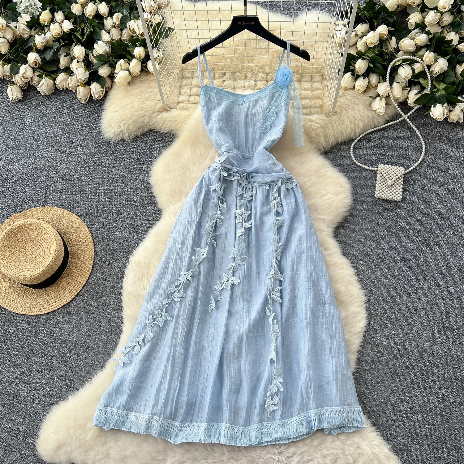 Chic Three-dimensional floral Embroidered lace Elegant Korean Fashion Fairy Sexy High Waist Summer Women Beach Vacation Robe Blue