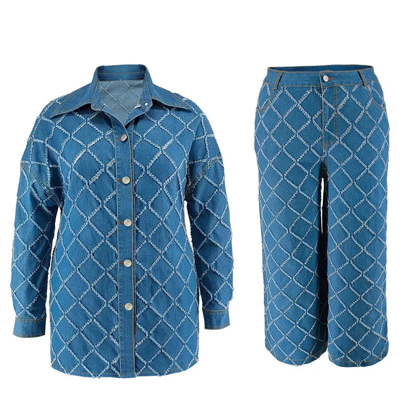 Benuynffy Plus Size Long Sleeve Single Breasted Denim Shirt Jacket And Wide Leg Jeans 2 Piece Sets Woman Outfit Casual 2025 New Blue