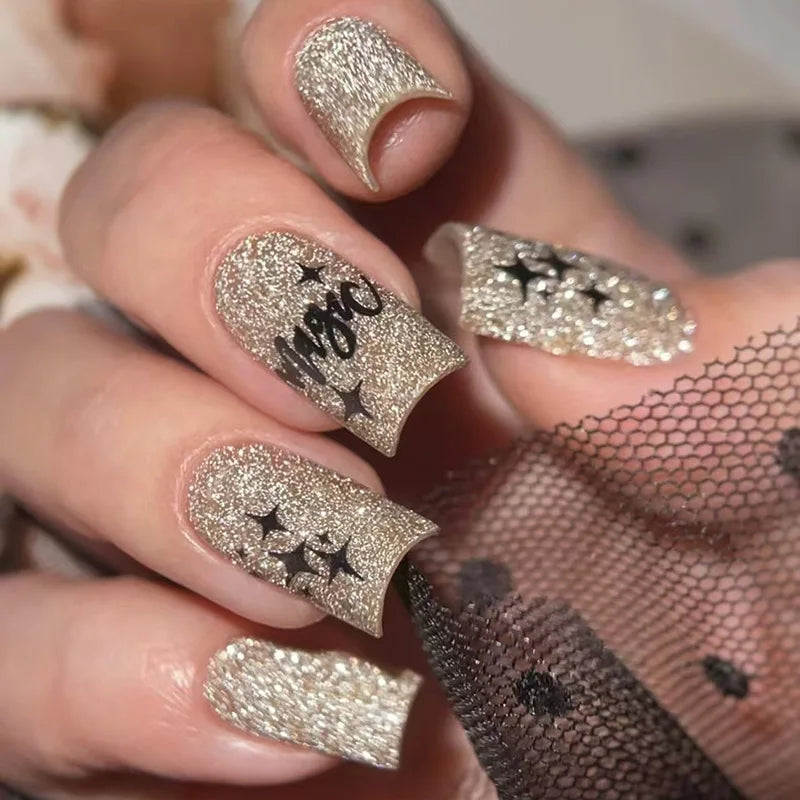 24pcs/set short medium fake nails shinny sparkling glitter square ballet nail tips starry star cat eyes press on false nail art 1704