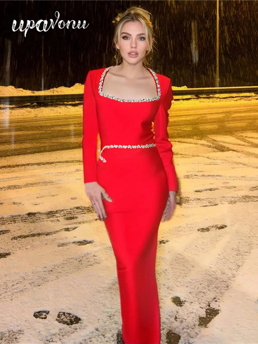 2024 Elegant Women Dress Light Luxury Diamond Design Bandage Dress Square Neck Long Sleeve Bodycon Christmas Red Dress Vestidos