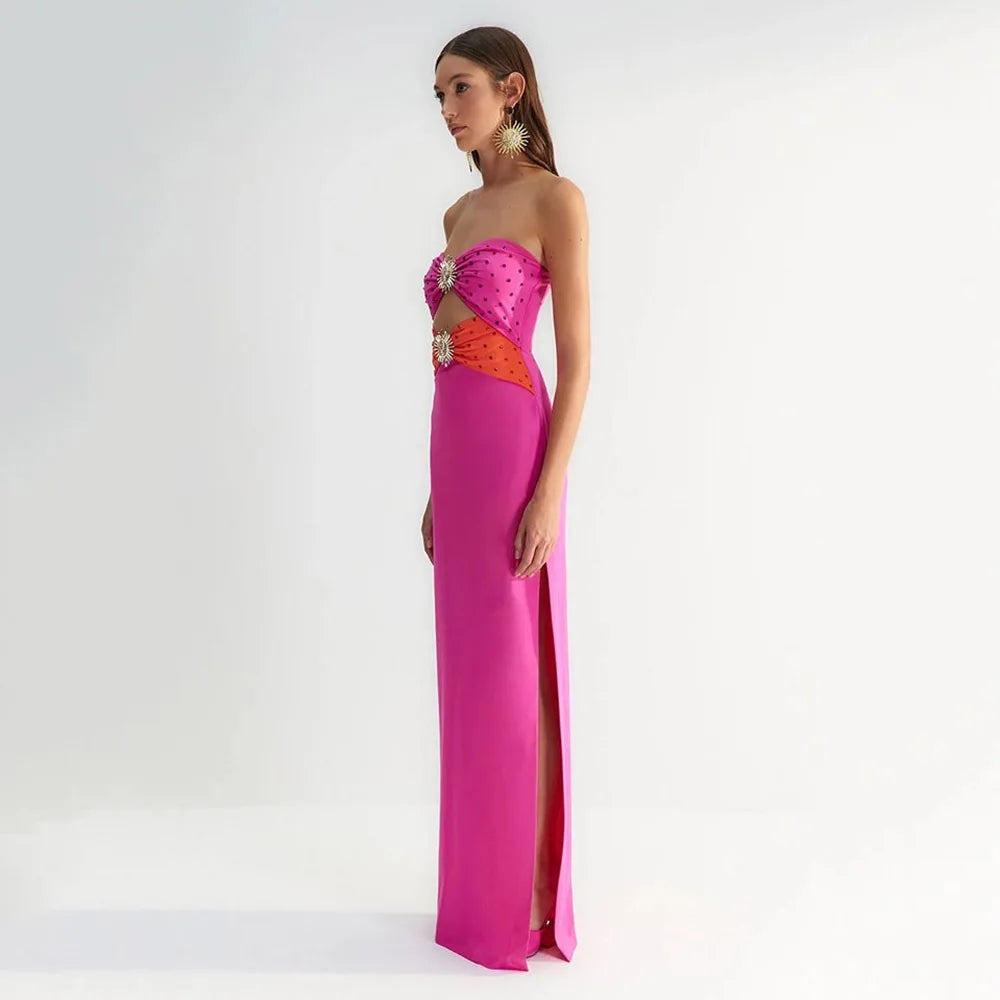 Black Pink Color Women Sexy Strapless Off the Shoulder Bodycon Long Bandage Dress Shinning Rhinestones Celebrate Nightclub Wear