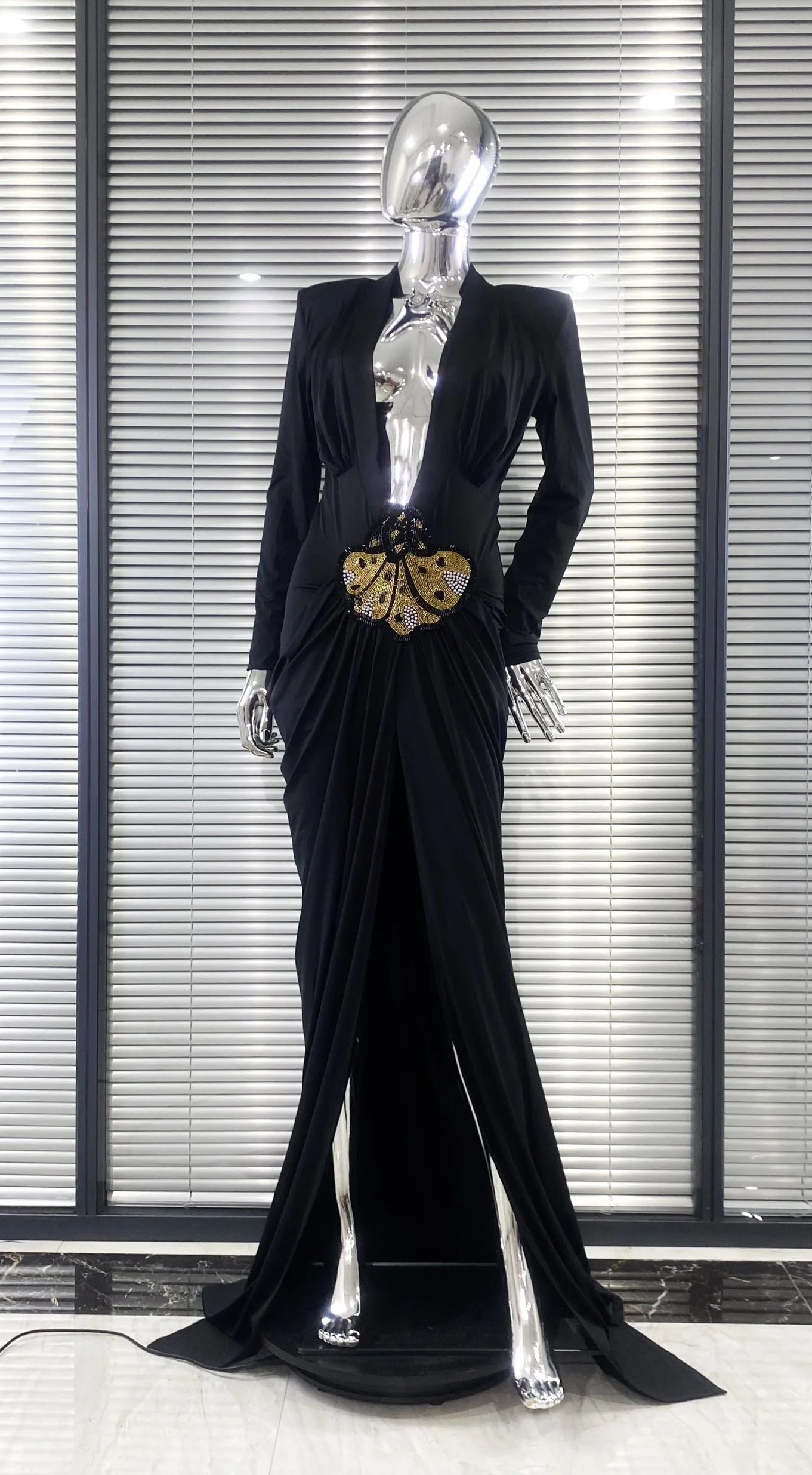 2025 New Beaded Decoration Sexy V-Neck Package Hip Black Floor Length Dress Celebrity Party Dress Woman Cocktail Outfit