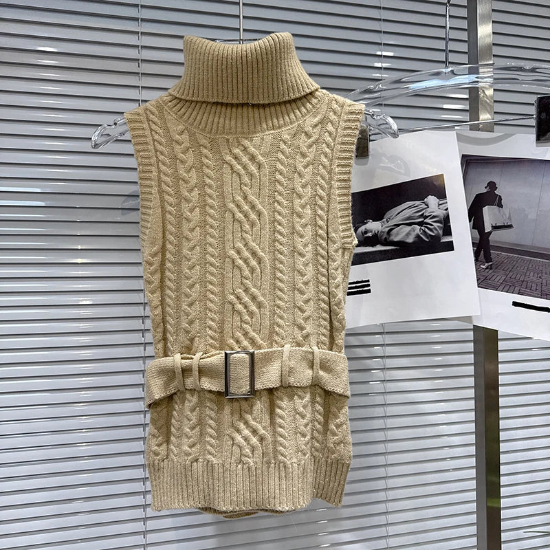 Winter New Fashionable Elegant Jacquard Knitted High Neck Vest With Belt Vest For Women Solid Color Tank Top 11A07949 Khaki One Size