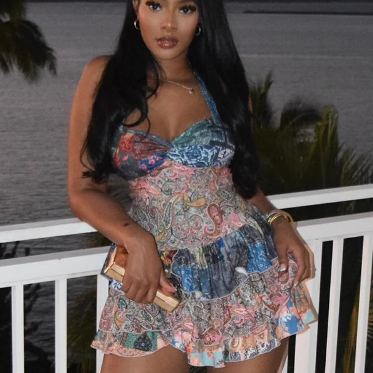 Women Halter Sleeveless Strapless Ruffles tiered Mini Dress 2025 Summer Holiday Sexy Beach Party Birthday Street Dresses