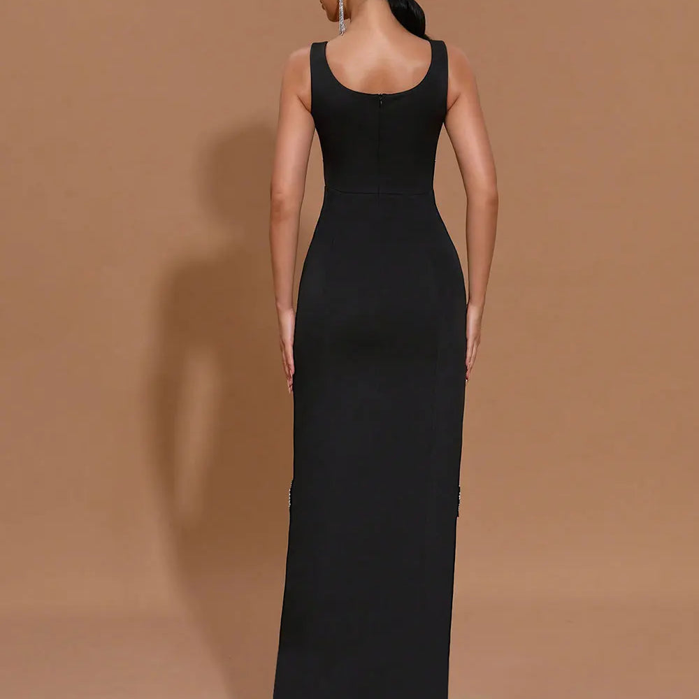 2025 Sexy Women's Light Luxury Nail Diamond Design Split Bandage Dress O-Neck Sleeveless Bodycon Black Long Dress Party Vestidos
