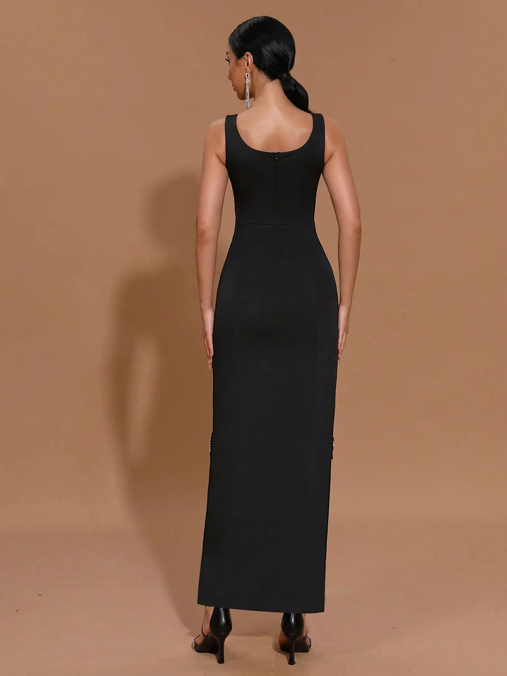 2025 Sexy Women's Light Luxury Nail Diamond Design Split Bandage Dress O-Neck Sleeveless Bodycon Black Long Dress Party Vestidos