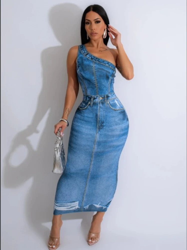 Women Fake Jean 3D Printed One Shoulder Sleeveless Bodycon Midi Maxi Dress 2024 Club Sexy Party Long Dresses Vestido Blue