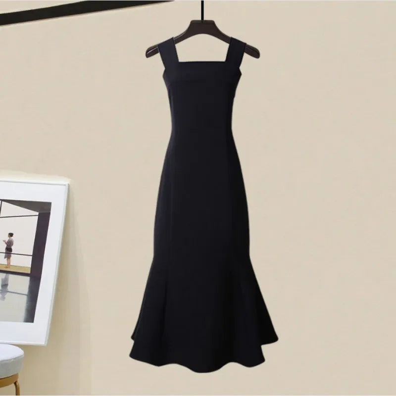 Women's 2024 Spring Autumn Fashion Knitted Sweater+Strap Dress Two-piece Korean Elegant New in Matching Sets Female Skirt Suit Black Dress