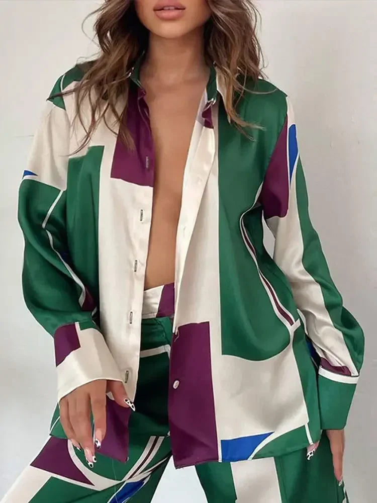 QNPQYX Fashion Printed Long Sleeve Shirt 2 Piece Set Women Loose Turndown Collar Tops Suits Female Casual Straight Pants Outfis