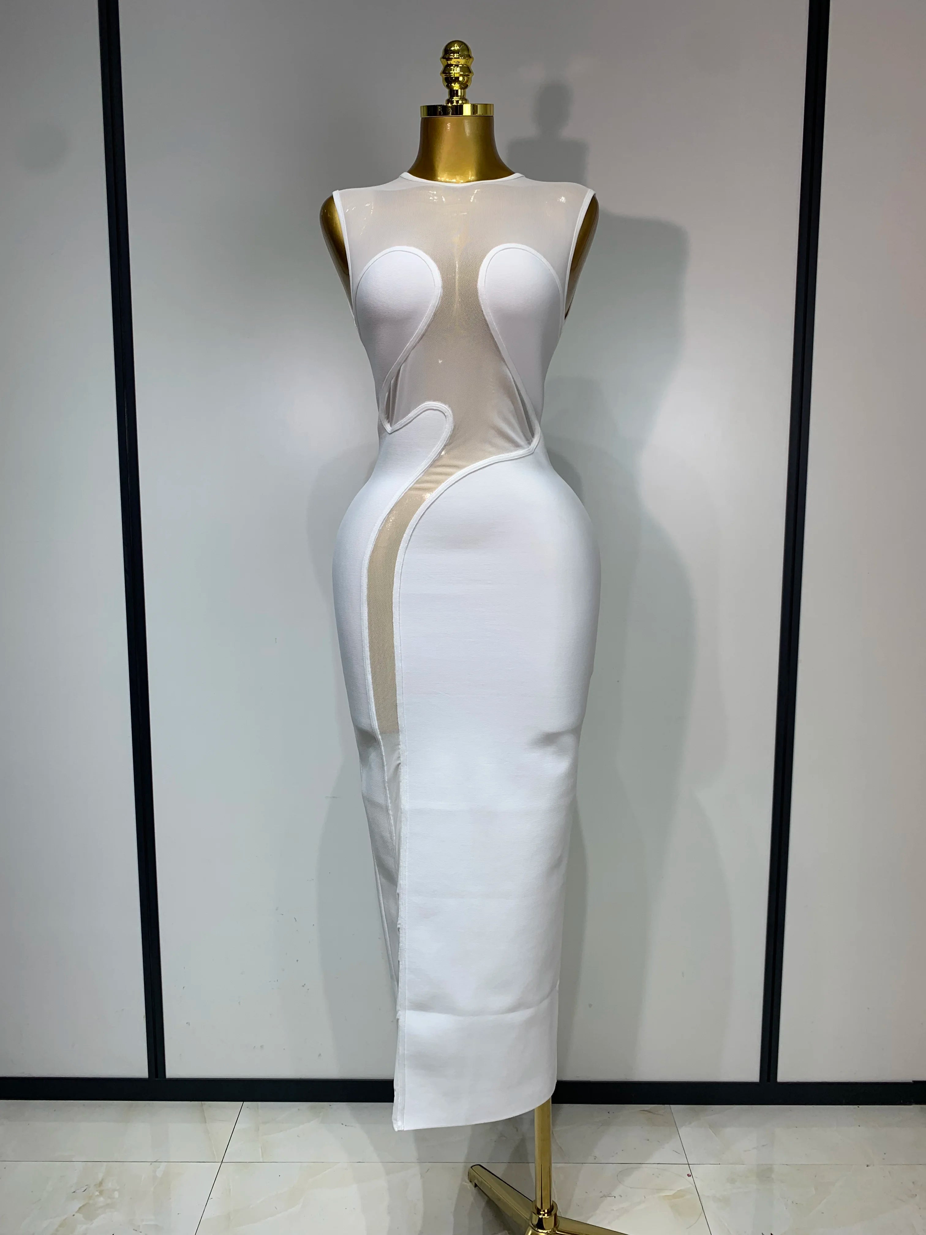 Sexy O Neck Mesh Bodycon Bandage Dress Evening Party Gown 2025 Celebrity Elegant Luxury Birthday Club Dresses WHITE