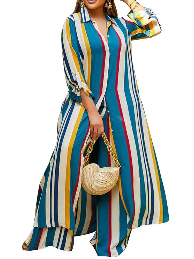 2 Piece Outfit Set Women Plus Size Matching Sets Long Shirt Top and Pants Sets Striped Casual Outfits 5xl Women Autumn Clothes Blue