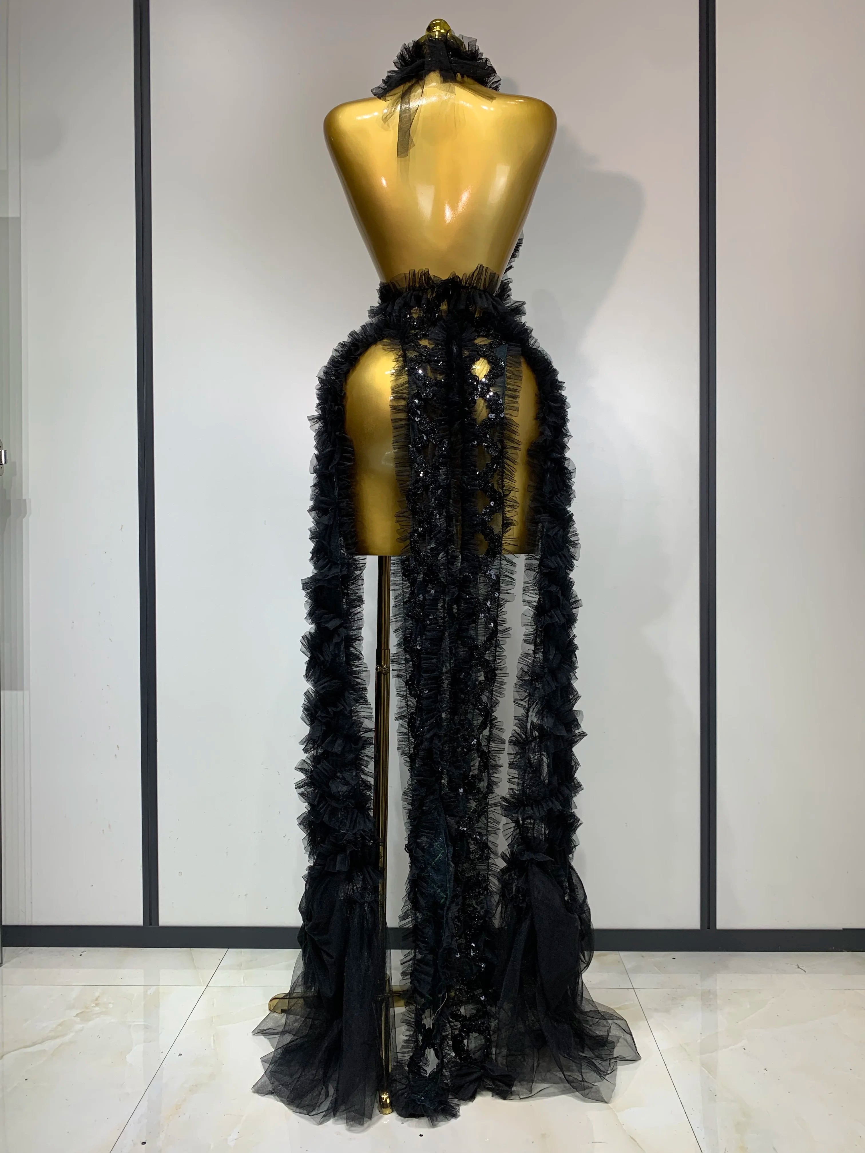 Black Mesh Sequins Sexy Halter See Through Dress 2025 Evening Party Prom Nightclub Singer Performance Costume Stage Wear