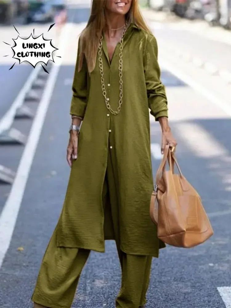 Summer Fashion Plus Size Women's New Matching Collection Elegant Loose Robe Wide Leg Pants Temperament Two Piece Set