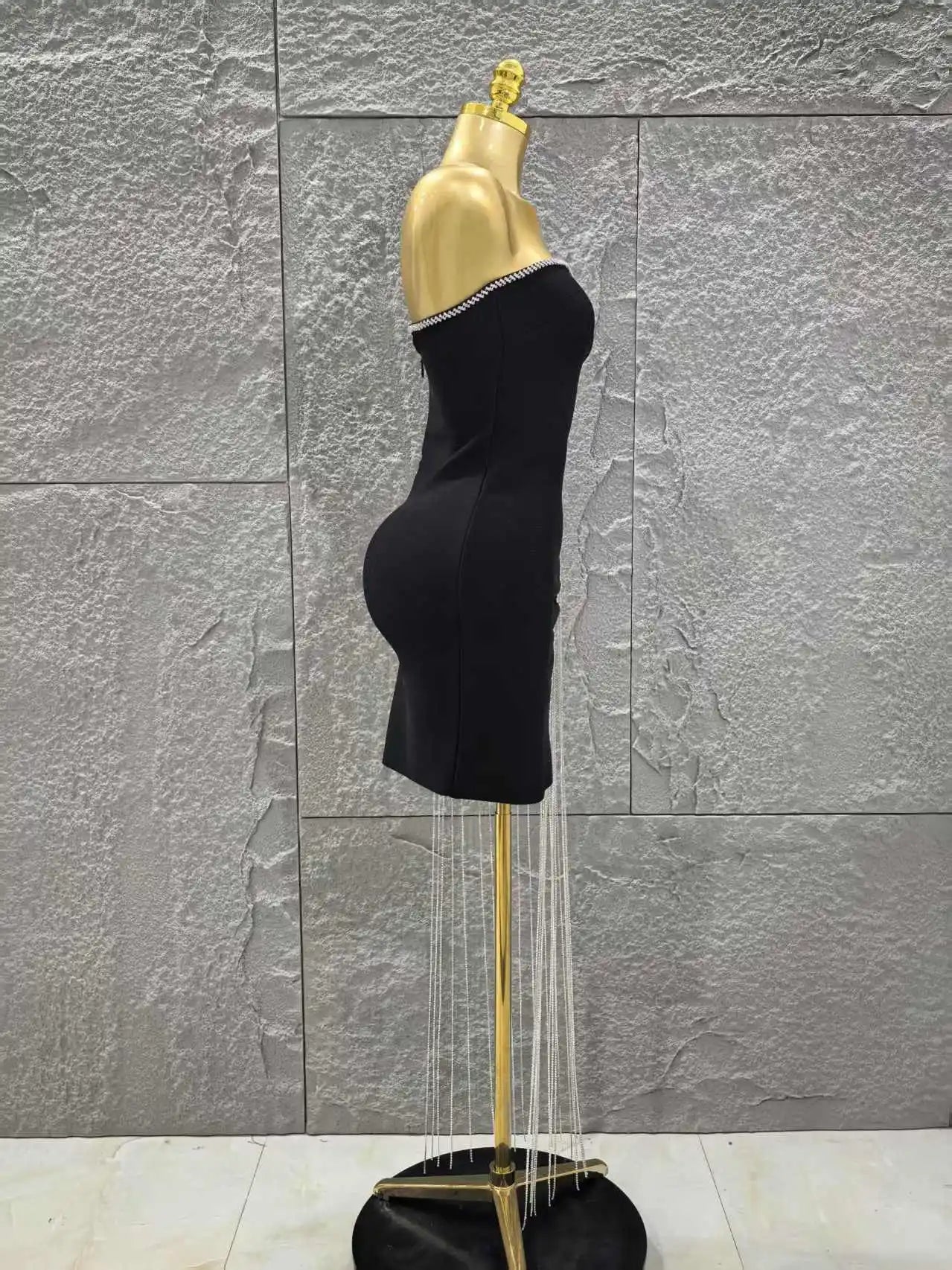 Women Sexy Strapless Diamond Chain Bodycon Mini Bandage Dress Celebrate Nightclub Party Birthday Cocktail Outfit