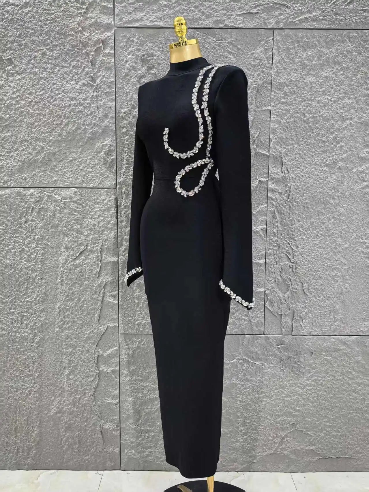 Black Red Women Long Sleeve Shinning Crystal Bodycon Long Bandage Dress Elegant Evening Party Cocktail Outfit Vestido