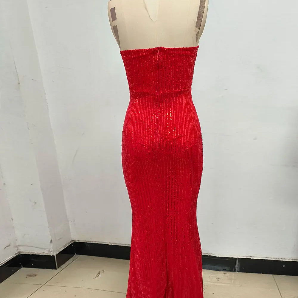 2024 Sexy Women's Maxi Red Sparkle Dress with Hanging Neck Sleeveless Bodycon Backless Long Dresses Evening Club Party Vestidos