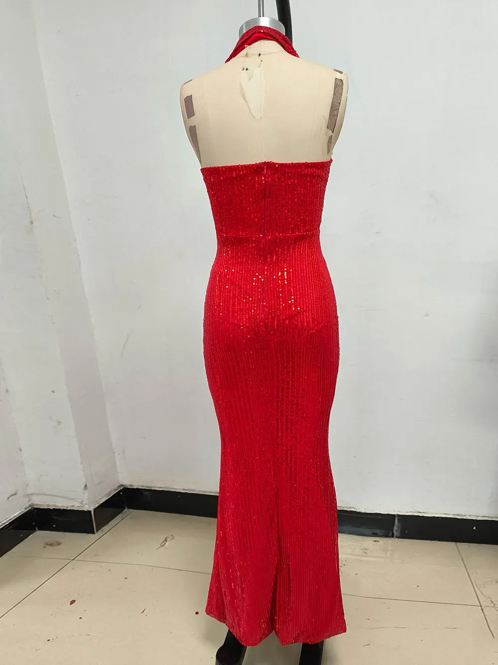 2024 Sexy Women's Maxi Red Sparkle Dress with Hanging Neck Sleeveless Bodycon Backless Long Dresses Evening Club Party Vestidos