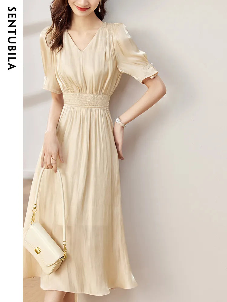 Sentubila Vintage Elegant Dresses for Women 2024 Summer Fashion V-Neck Empire Puff Sleeves A-Line Long Dresses Women Clothing apricot