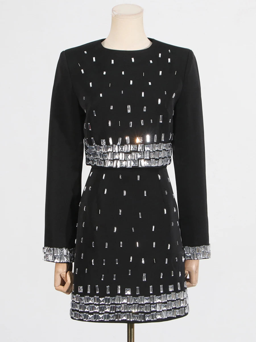 Solid Slimming Spliced Bead Two Piece Sets for Women Round Neck Long Sleeves Short Top High Wasit Skirt Set Female BLACK