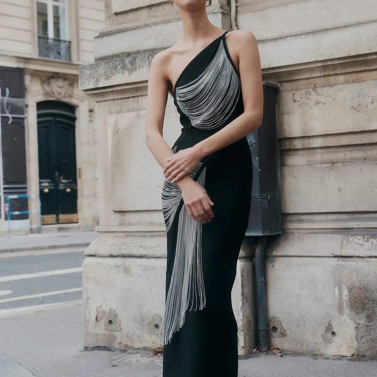 Women Sexy Halter Off the Shoulder Silver Tassels Bodycon Long Bandage Dress Evening Party Celebrate Cocktail Wear