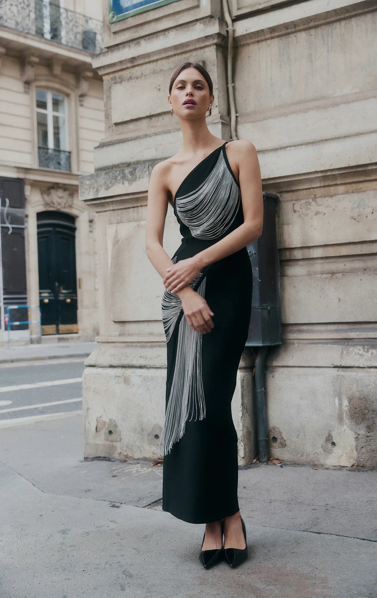 Women Sexy Halter Off the Shoulder Silver Tassels Bodycon Long Bandage Dress Evening Party Celebrate Cocktail Wear