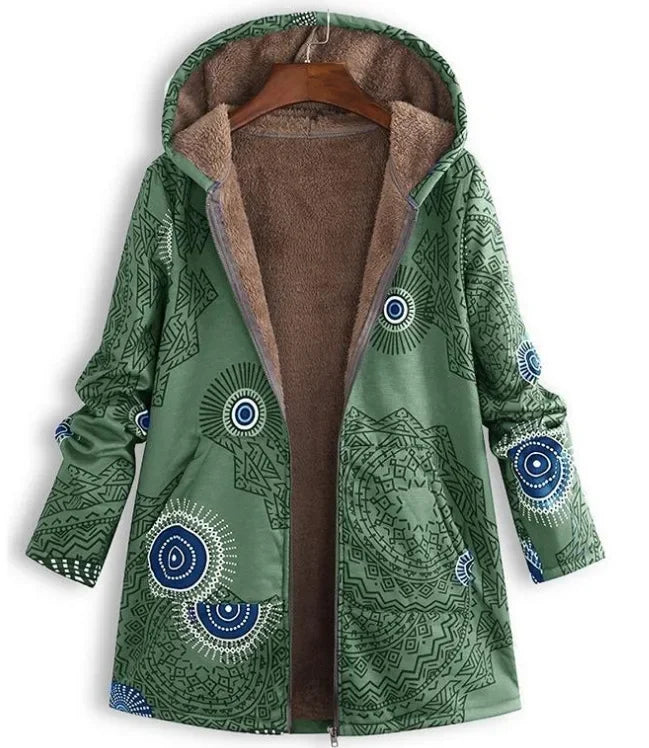 Thickened Zipper Hooded Coat Coat Coat Autumn and Winter New Cotton and Hemp Coat Women's Vintage Warm Printing Pocket green
