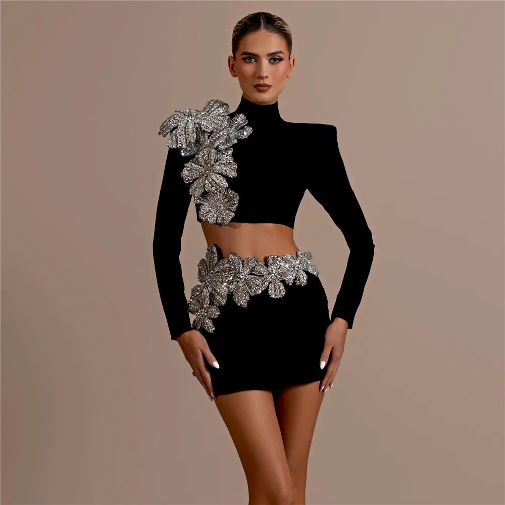 Women Long Sleeve Diamond Flowers 2 Pieces Bodycon Mini Bandage Dress Celebrate Nightclub Party Outfit Vestido mini dress