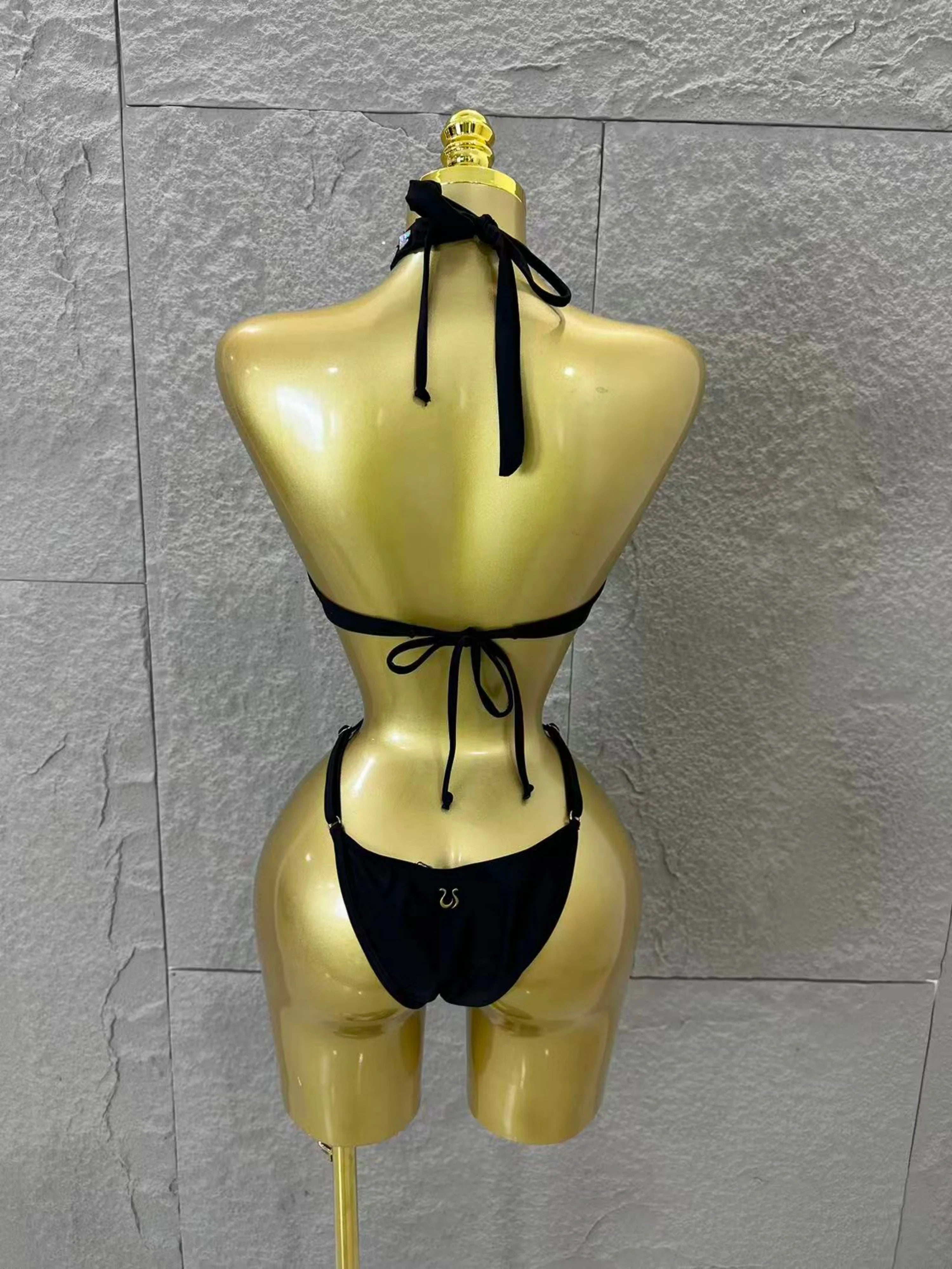 Gold Luxurious Black Bodysuit Women Sexy Halter Neck Iridescent Crystal Embellished Cutout Outfit Stage Performance Costume