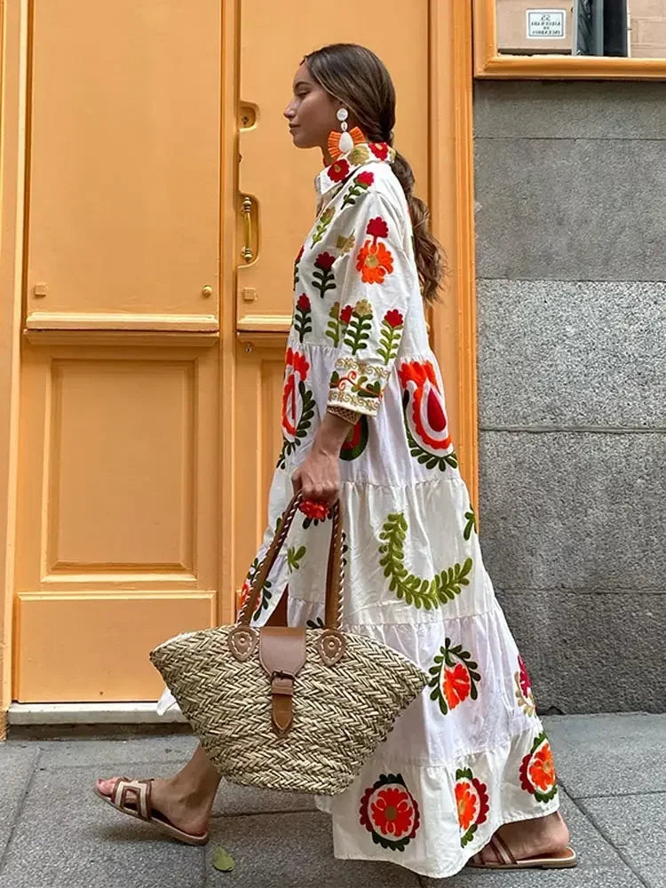 Vintage Flower Print Single Breasted Long Dress Women Elegant Lapel Half Sleeves Loose Hem Dresses Female Vocation Vestidos