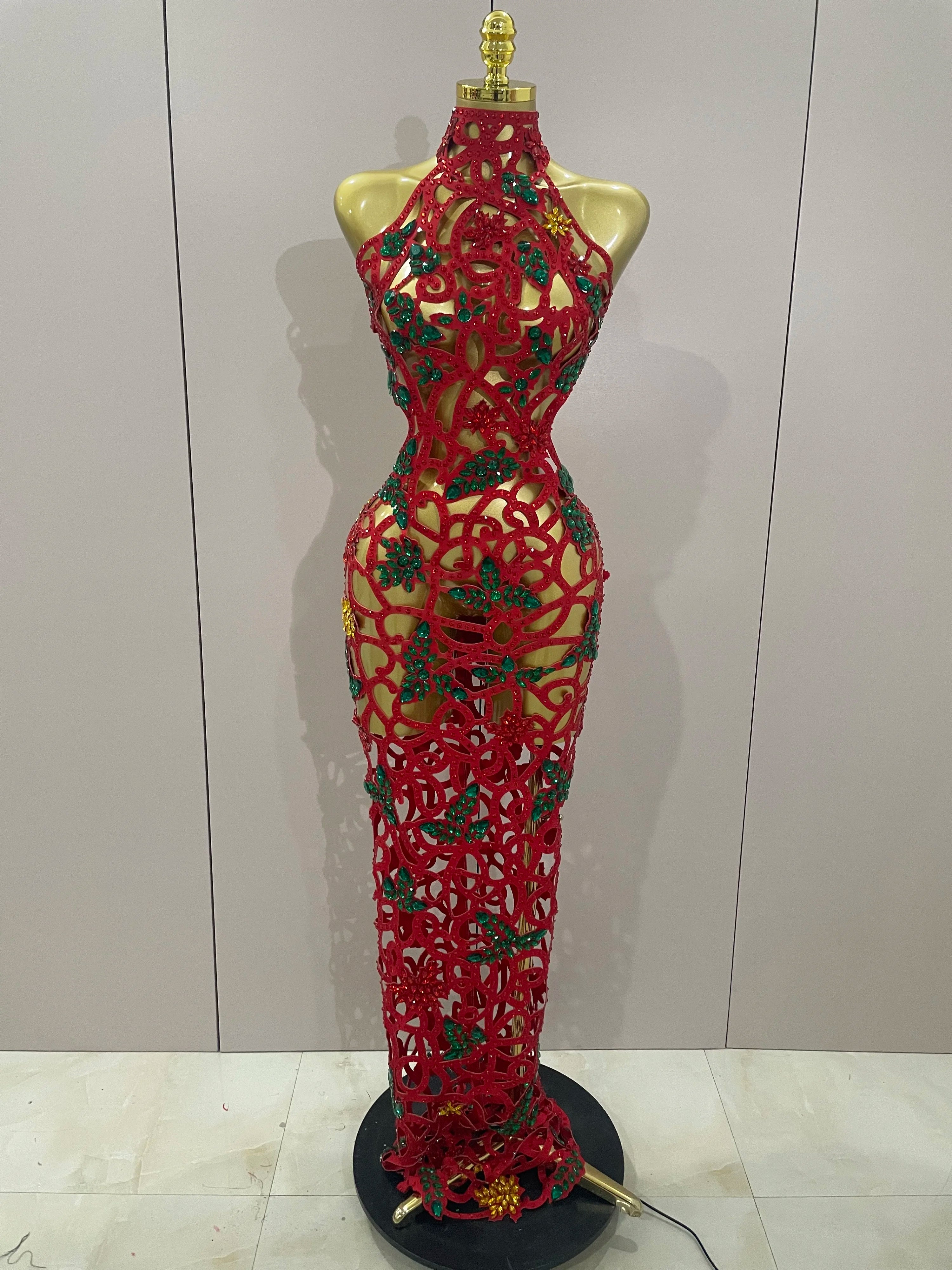 Sexy Shiny Colorful Rhinestone Hollow Out Long Dress Women Celebrate Evening party Nightclub Singer Stage Photo Shoot Costume Red